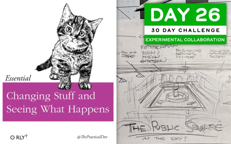 A puzzled cat on a book cover called 'Changing Stuff and Seeing What Happens' from O RLY, next to a sketch of labeled 'The Public Square' from one of Sri's posts in two years ago