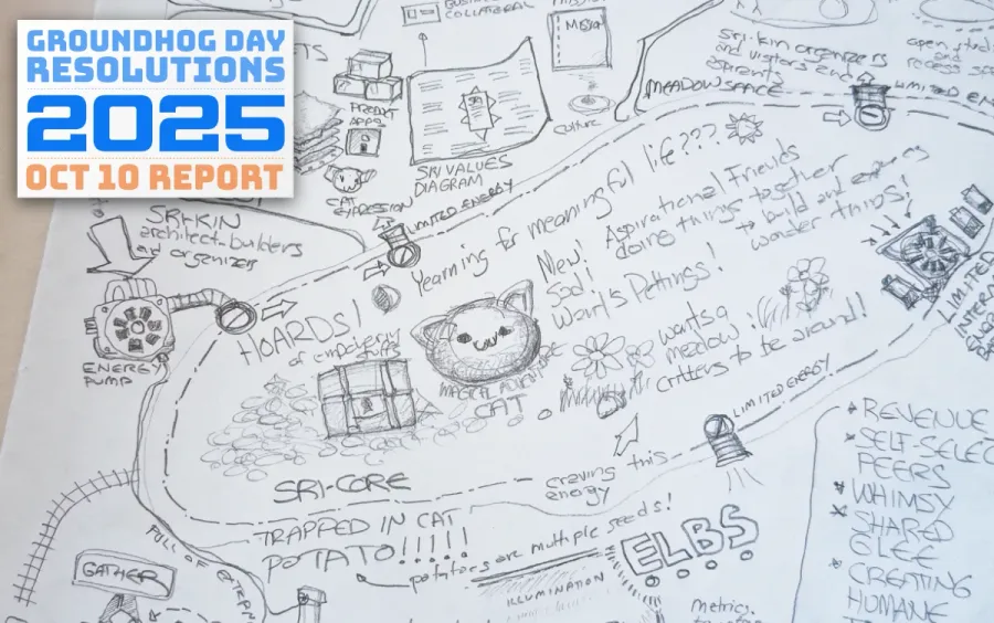 Close-up of Sri's Busy Busy World, with a cat face in the center surrounded by pictograms and text