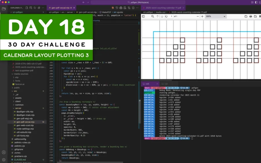 Screenshot of Visual Studio Code depicting source code that draws a pyramid of 10 blocks, stacked four rows high with debugging guidelines to verify alignment.