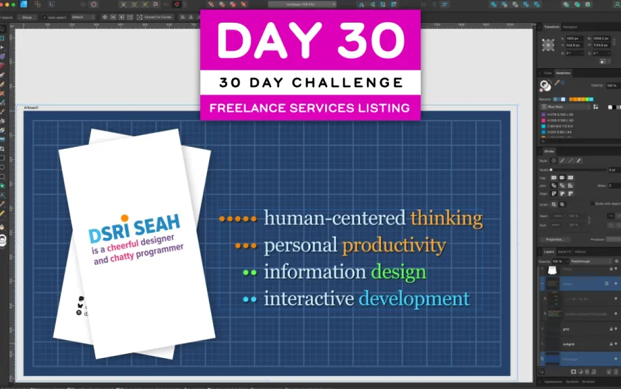 Screenshot of Affinity Designer, showing the text DSRI SEAH and their four freelance service offerings