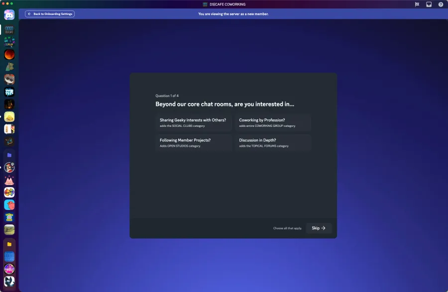 Question 1 of 4: Beyond our core chat rooms, are you interested in Sharing Geeky Interests, Coworking by Profession, Following Member Projects, Discussion in Depth?