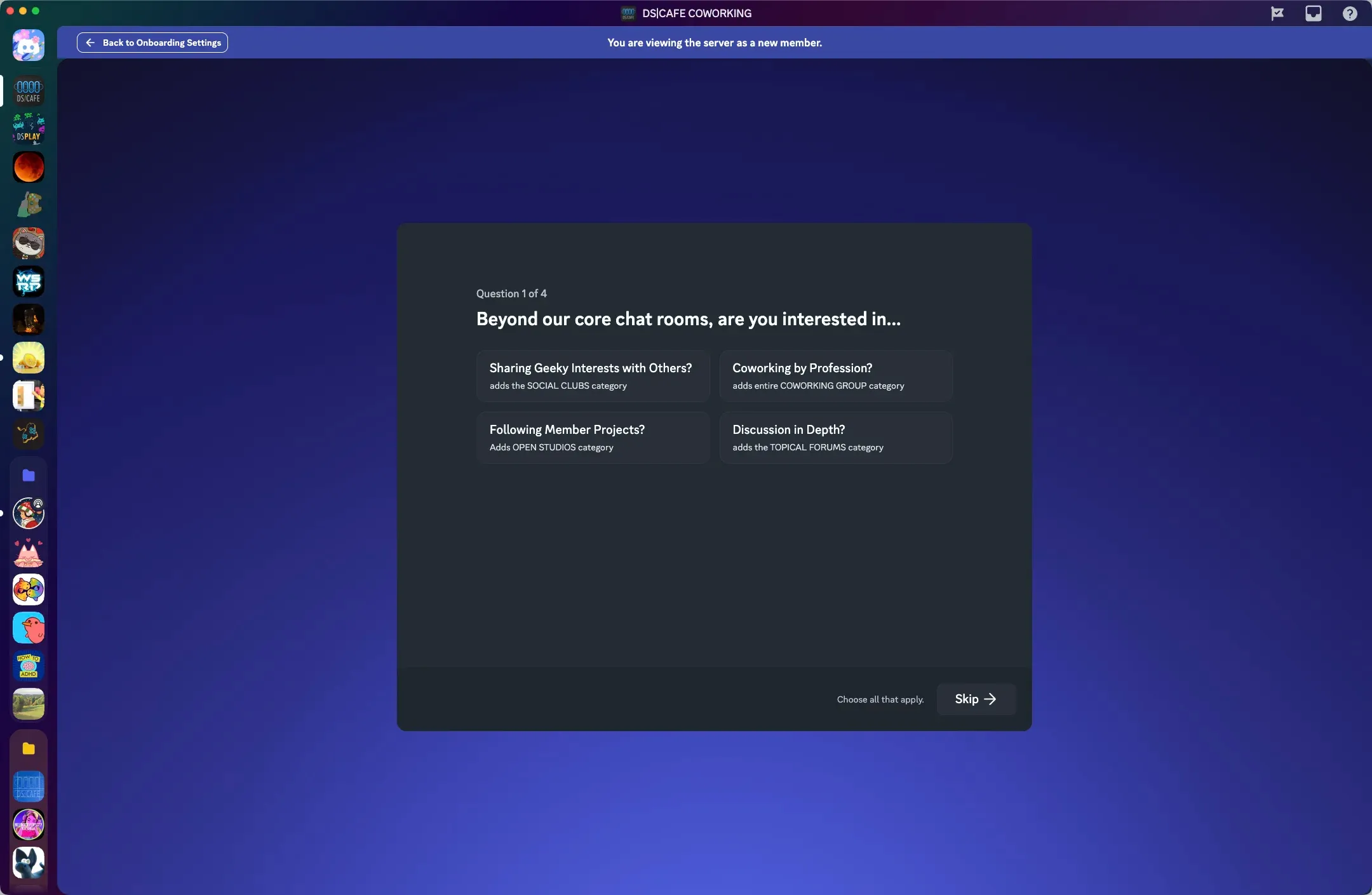 Question 1 of 4: Beyond our core chat rooms, are you interested in Sharing Geeky Interests, Coworking by Profession, Following Member Projects, Discussion in Depth? (full size image)