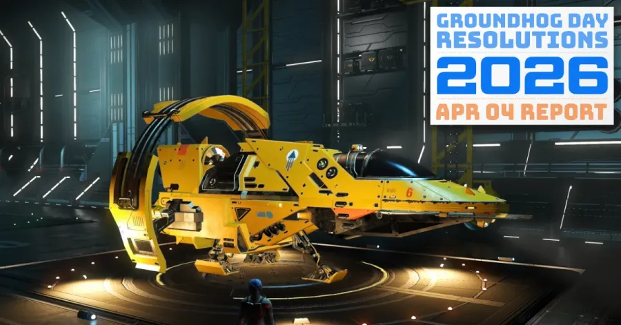 A compact spaceship from the game No Man's Sky, ready to launch