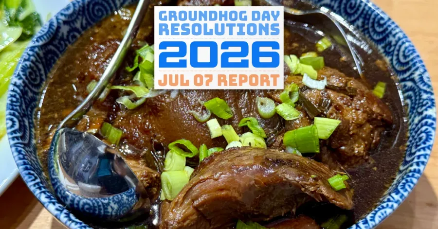 A bowl of Chinese-style red cooked pork shoulder, swimming in broth with green scallions. Title image for July 7 GHDR Report
