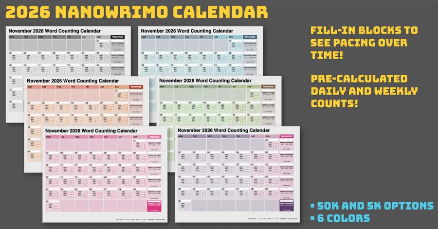 Nanowrimo Calendar available in six colors and two counts