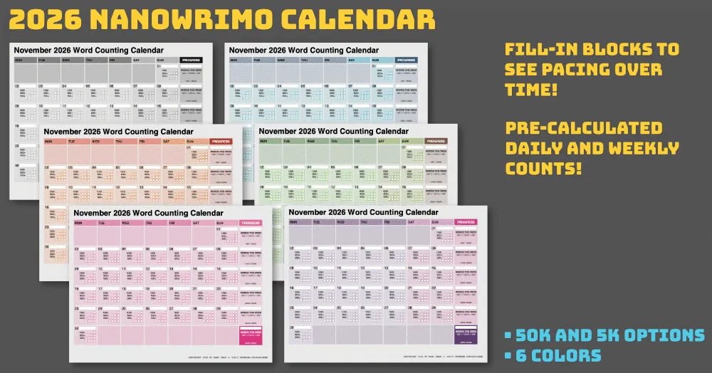 Nanowrimo Calendar available in six colors and two counts (full size image)