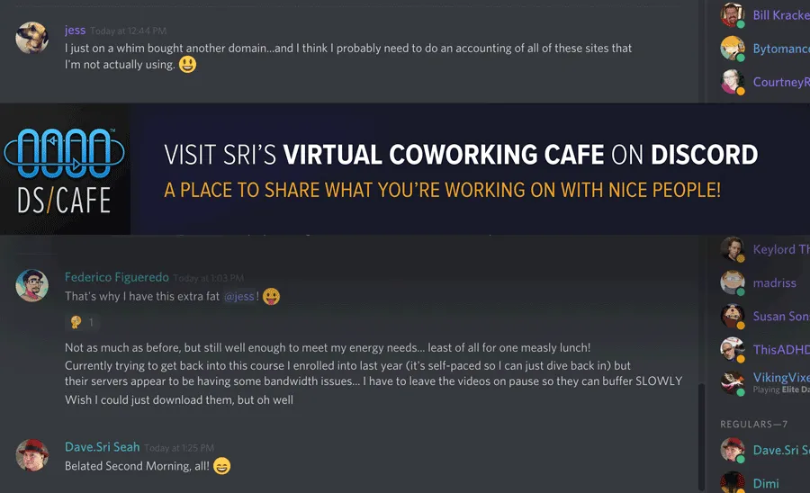 A welcome banner to 'Come Sri's Virtual Coworking Cafe'