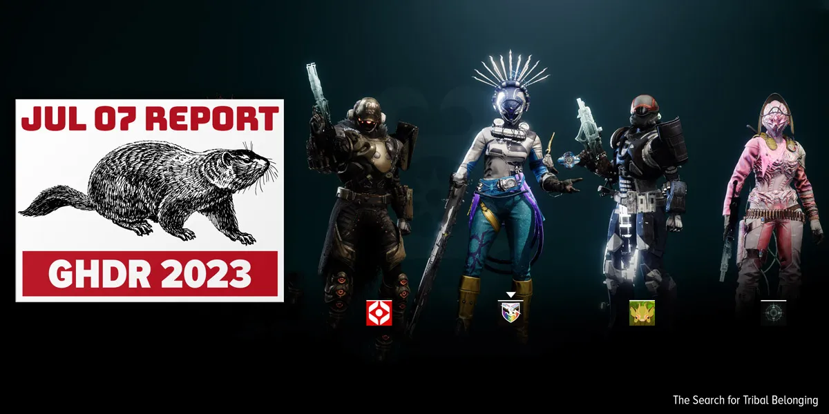 A screen capture from the game Destiny 2, showing four Guardians will different outfits posing after a group activity on the scoreboard screen. (full size image)