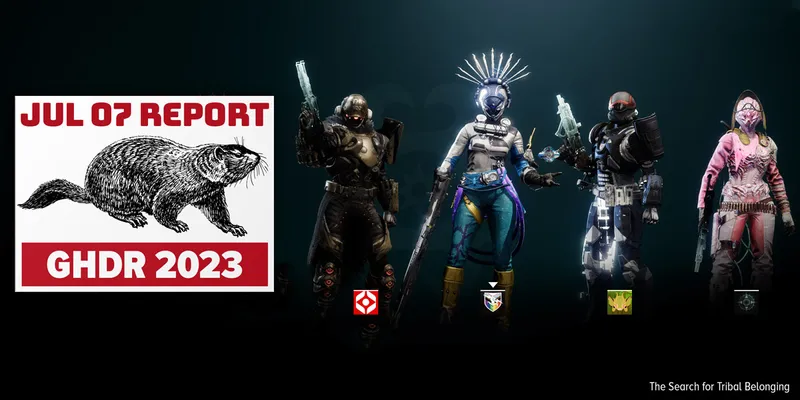 A screen capture from the game Destiny 2, showing four Guardians will different outfits posing after a group activity on the scoreboard screen.