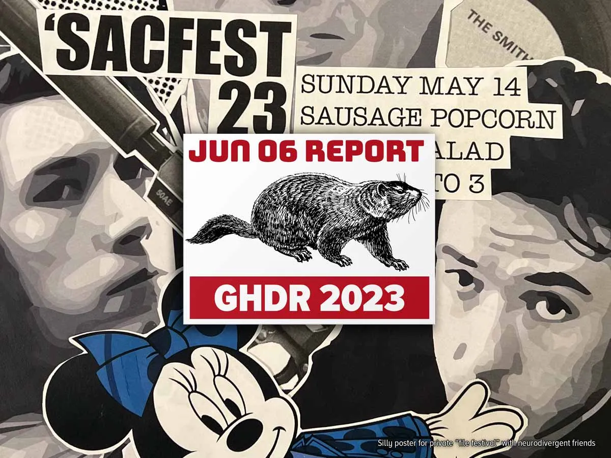 Home-made poster for 'SACKFEST23' showing clipped images of John Cusack, Dan Aykroyd, Adam Driver, and Minnie Mouse in a group portrait (full size image)