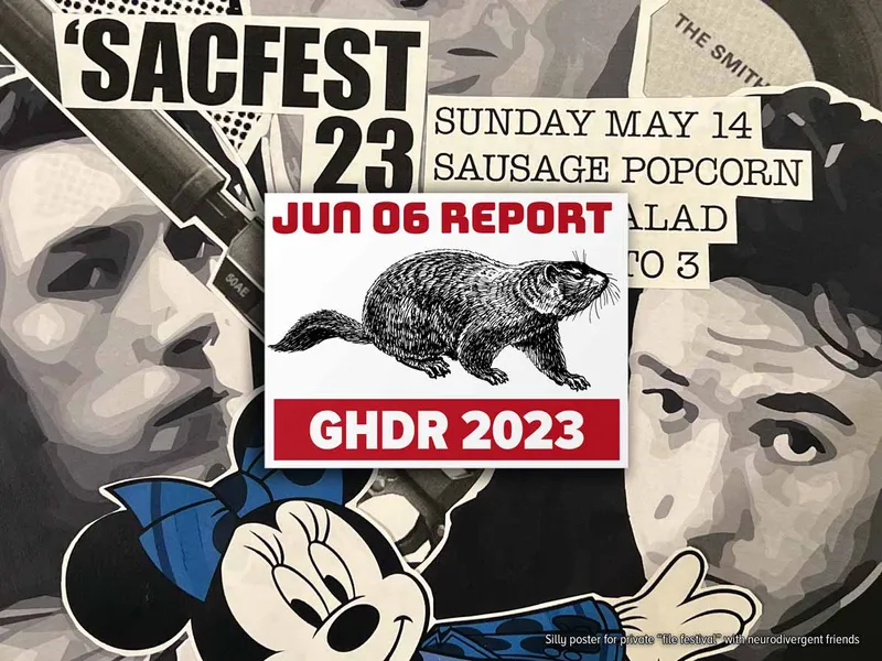 Home-made poster for 'SACKFEST23' showing clipped images of John Cusack, Dan Aykroyd, Adam Driver, and Minnie Mouse in a group portrait