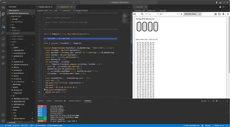 Screenshot of Visual Studio Code showing PDF and source code