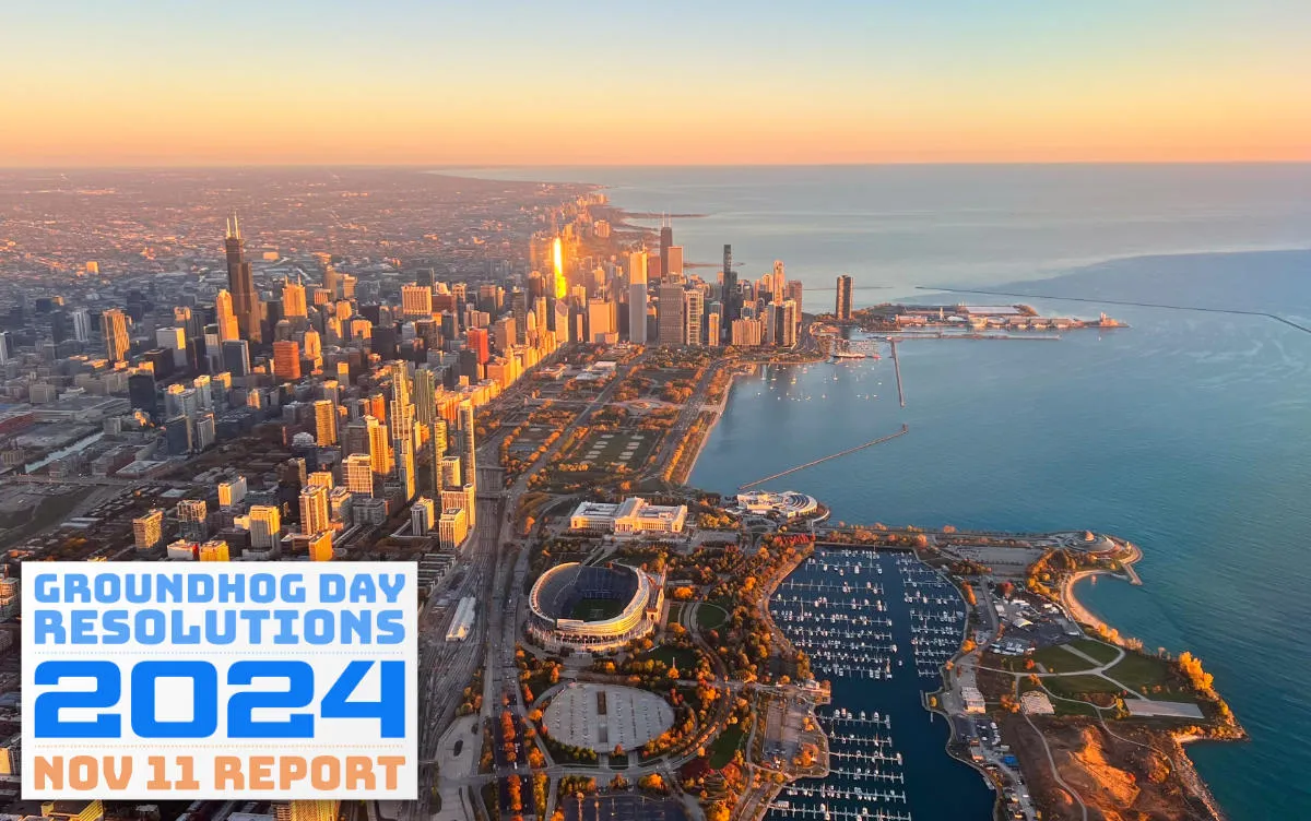 An aerial view of the Chicago skyline as the sun rises. (full size image)